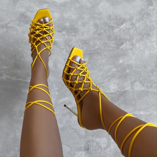 Greta Yellow Strappy Lace Up High Heels | SIMMI London