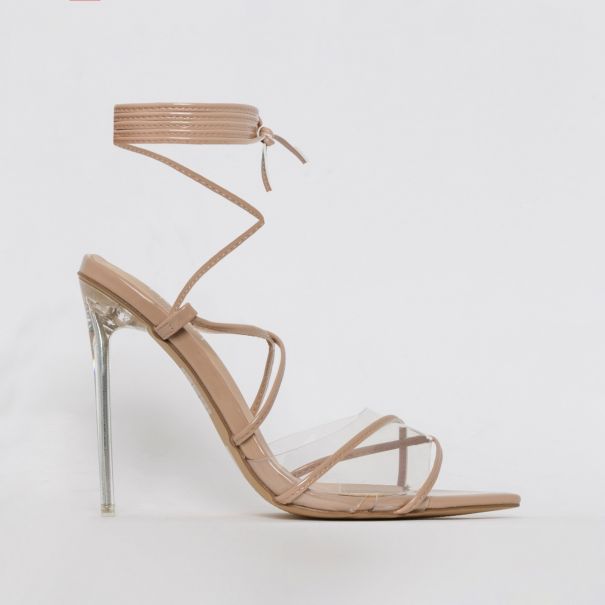 Hailey Nude Patent Lace Up Clear Heels