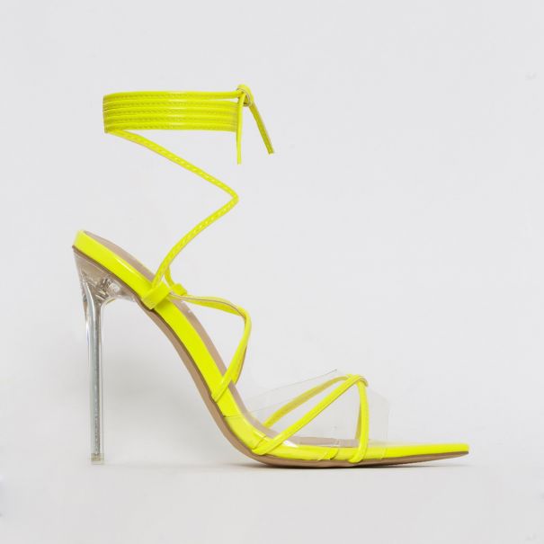 Hailey Yellow Patent Lace Up Clear Heels