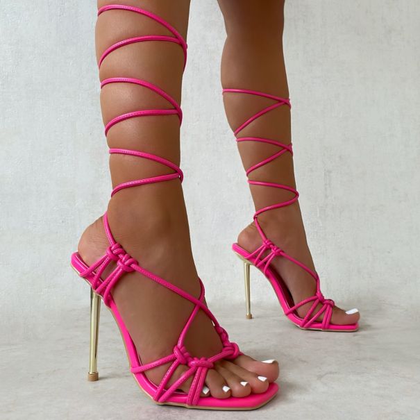 SIMMI Shoes / Harlow Pink Strappy Lace Up Stiletto Heels
