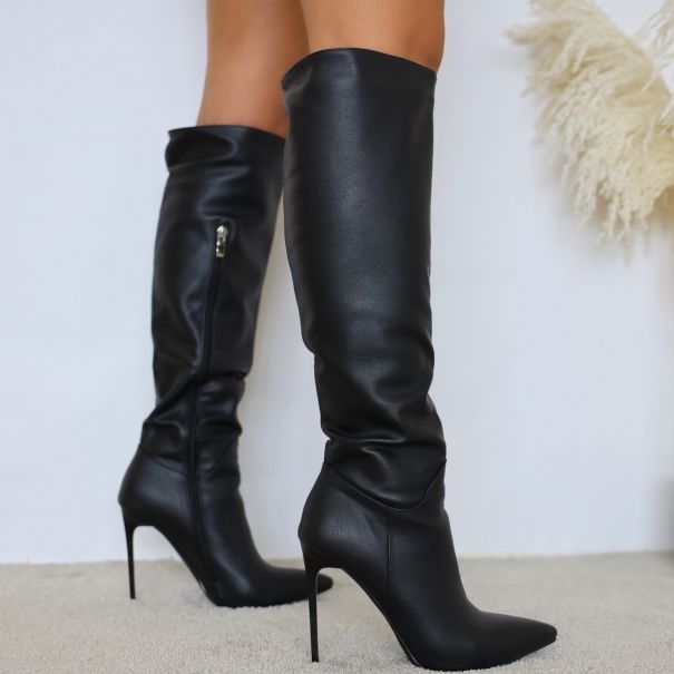 SIMMI SHOES / Harni Black Pointed Toe Stiletto Knee High Boots