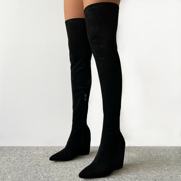 Harper Black Suedette Thigh High Pointed Wedge Boots | SIMMI London