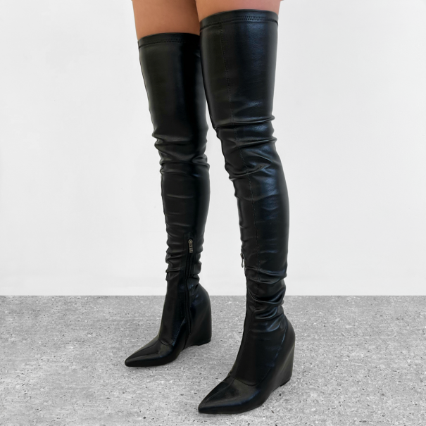 Hardy Black Ruched Pointed Thigh High Wedge Boots | SIMMI London