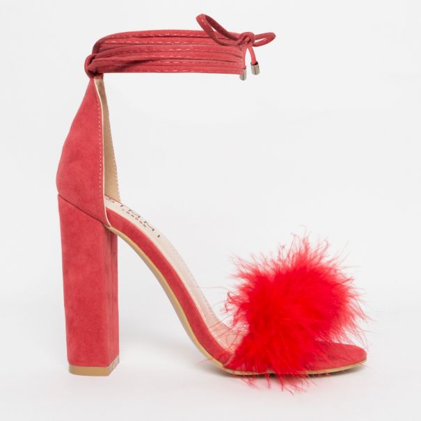 SIMMI SHOES / HATTIE CORAL SUEDE FLUFFY LACE UP HEELS