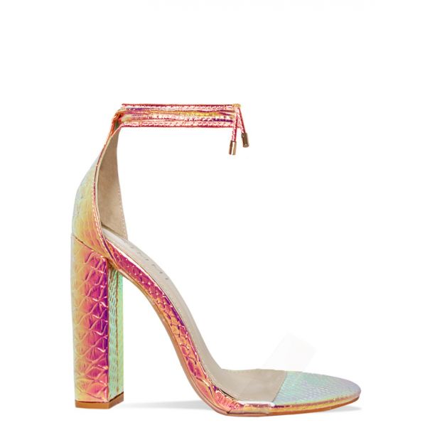 Harley Rose Iridescent Snake Clear Lace Up Block Heels