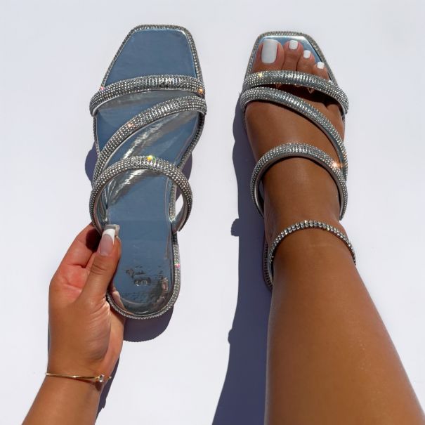 Lainey Silver Diamante Strappy Sandals | SIMMI London