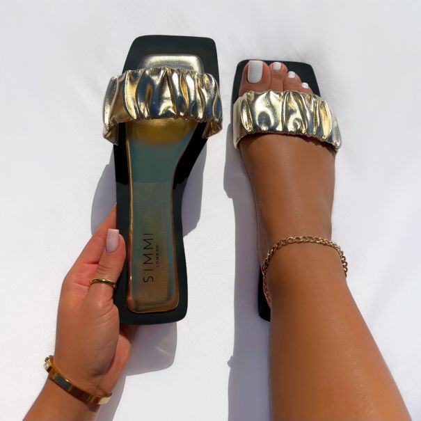 Gaiia Gold Ruched Mule Flat Sandals | SIMMI London