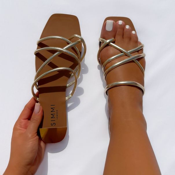 Safina Gold Strappy Toe Thong Flat Sandals | SIMMI London