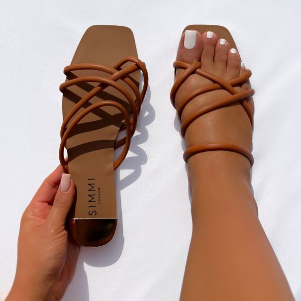 Safina Tan Strappy Toe Thong Flat Sandals | SIMMI London