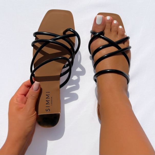 Safina Black Strappy Toe Thong Flat Sandals | SIMMI London