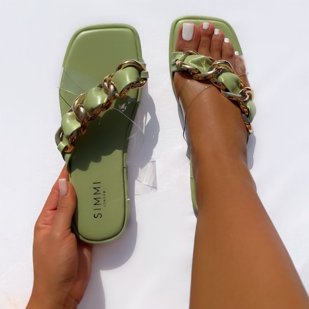 Khari Sage Green Clear Strap Chain Flat Sandals | SIMMI London