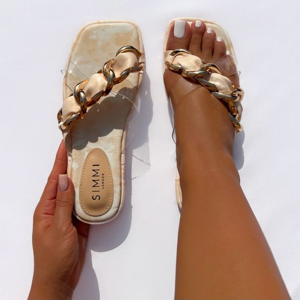 Khari Beige Clear Strap Chain Flat Sandals | SIMMI London