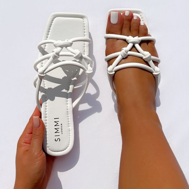 Lois White Knot Strap Flat Sandals | SIMMI London