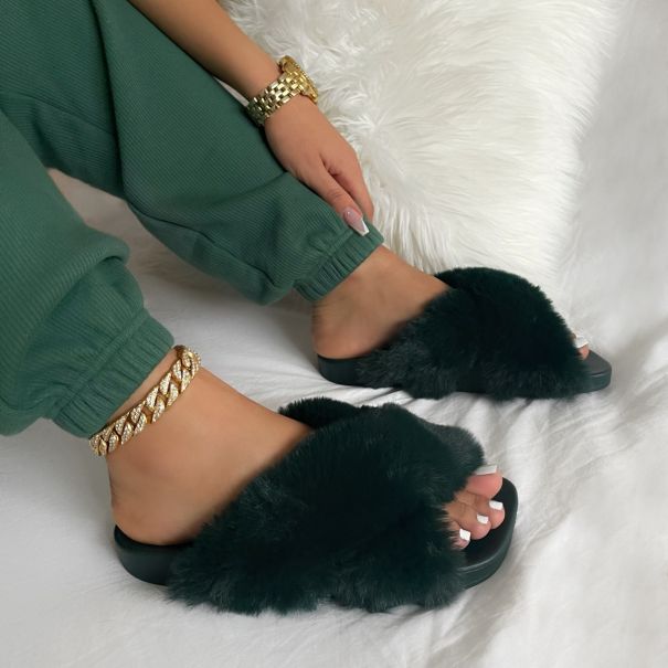 SIMMI Shoes / Lovebug Dark Green Fluffy Faux Fur Cross Strap Slippers