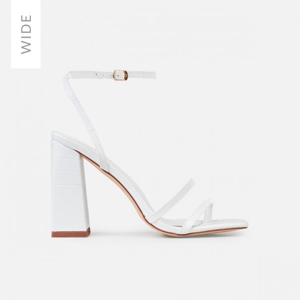 Inez Wide White Faux Croc Print Strappy Block Heels | SIMMI London
