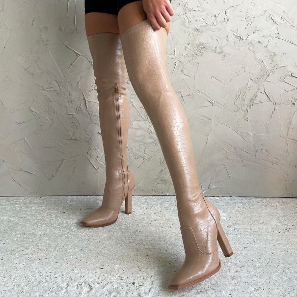Isac Nude Faux Croc Print Block Heel Over The Knee Boots | SIMMI London