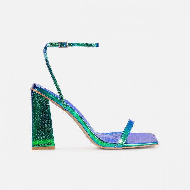 Ishani Blue Metallic Faux Snake Print Block Heels | SIMMI London
