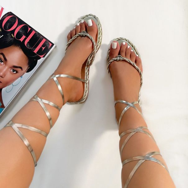 Jaci Gold Twist Strap Toe Post Lace Up Sandals | SIMMI London