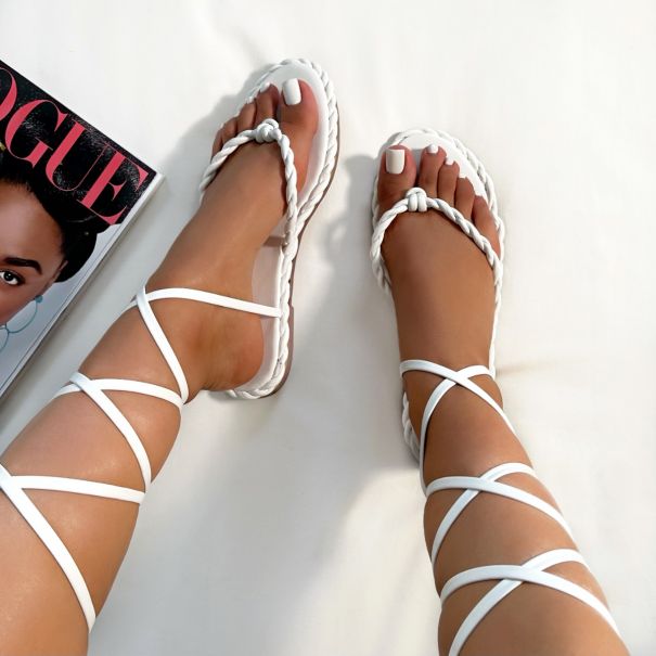 Jaci White Twist Strap Toe Post Lace Up Sandals | SIMMI London