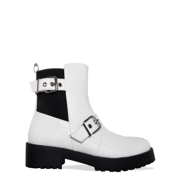 Jaden White Buckle Ankle Boots