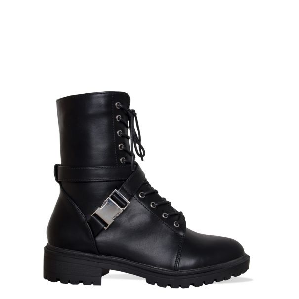 Joslin Black Lace Up Buckle Ankle Boots