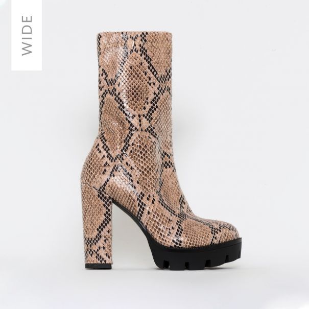 True Wide Fit Beige Snake Print Platform Ankle Boots