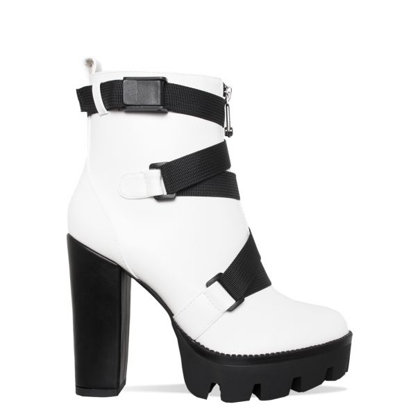 Cairo White Buckle Platform Ankle Boots