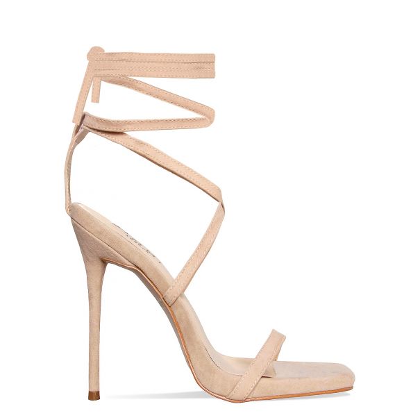 Jessie Nude Suede Lace Up Square Toe Heels