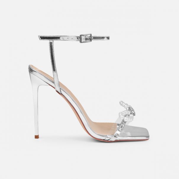 Jolene Silver Mirror Pearl Bow Stiletto Heels | SIMMI London