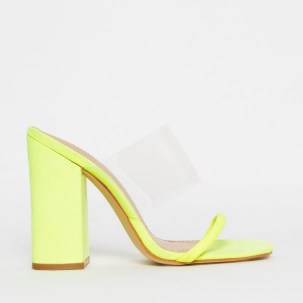 Carissa Neon Yellow Suede Clear Block Mules