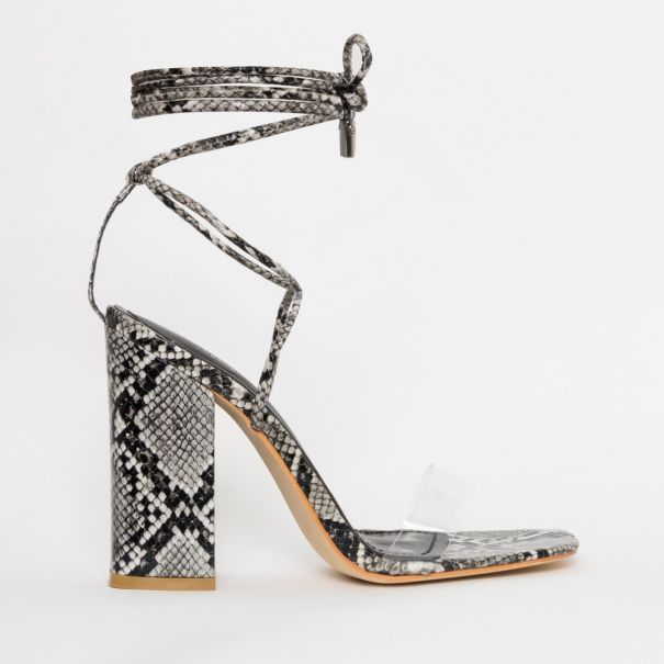 Chantal Black and White Snake Clear Lace Up Block Heels