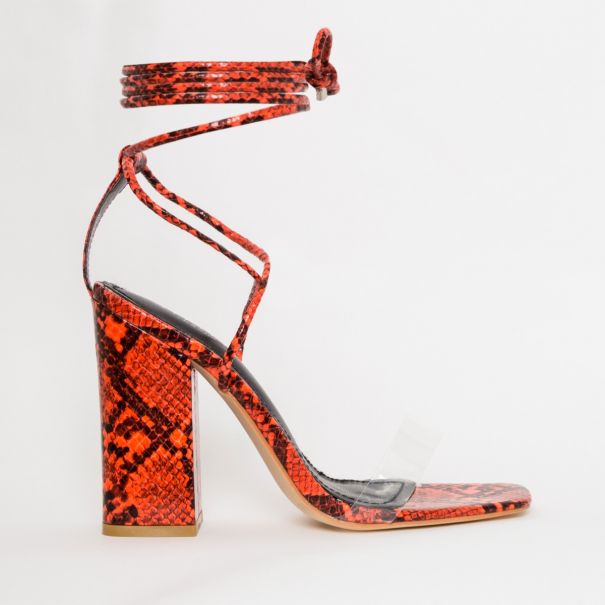 Chantal Orange Snake Clear Lace Up Block Heels