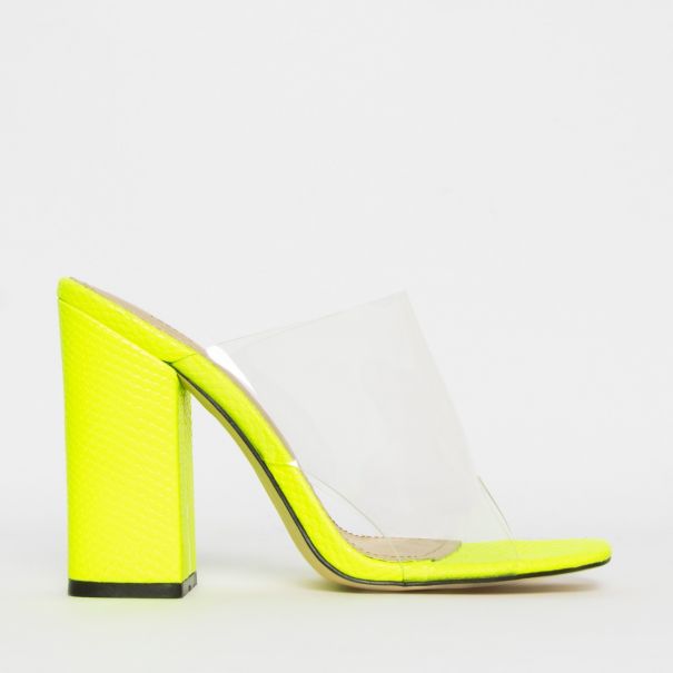 Clio Neon Yellow Snake Clear Block Heel Mules