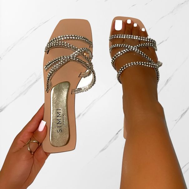 Juniper Gold Clear Diamante Strappy Flat Sandals | SIMMI London
