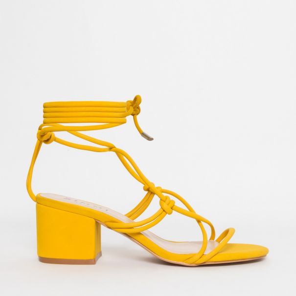 Kacie Yellow Suede Lace Up Mid Block Heels