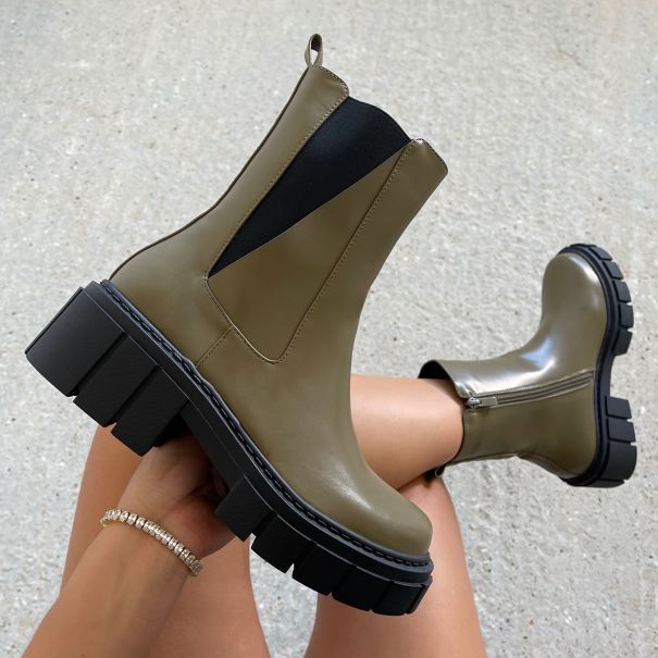 Kade Olive Stretch Insert Chunky Ankle Boots | SIMMI London
