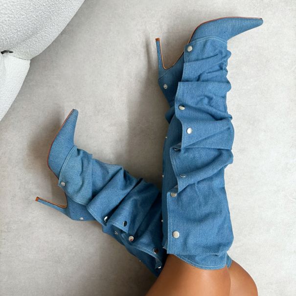 Kaii Blue Denim Popper Detail Knee Boots | SIMMI London