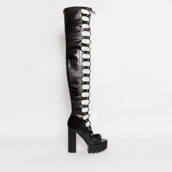 Kaia Black Croc Lace Up Platform Thigh High Boots