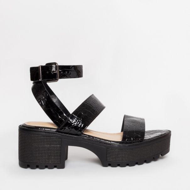 Sienna Black Patent Croc Chunky Sandals
