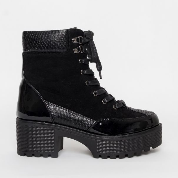 SIMMI SHOES / KARMEN BLACK SUEDE AND SNAKE LACE UP HIKING ANKLE BOOTS