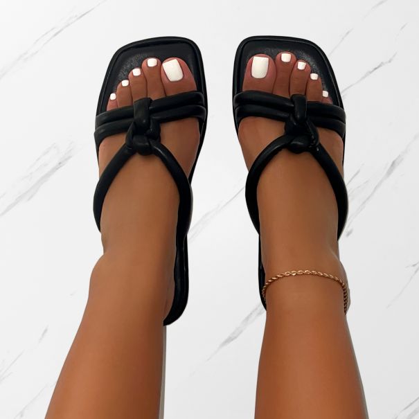 Olena Black Padded Knot Flat Sandals | SIMMI London