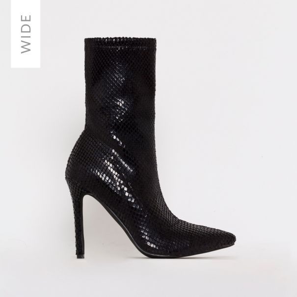 Karma Wide Fit Black Snake Print Stiletto Ankle Boots | SIMMI London