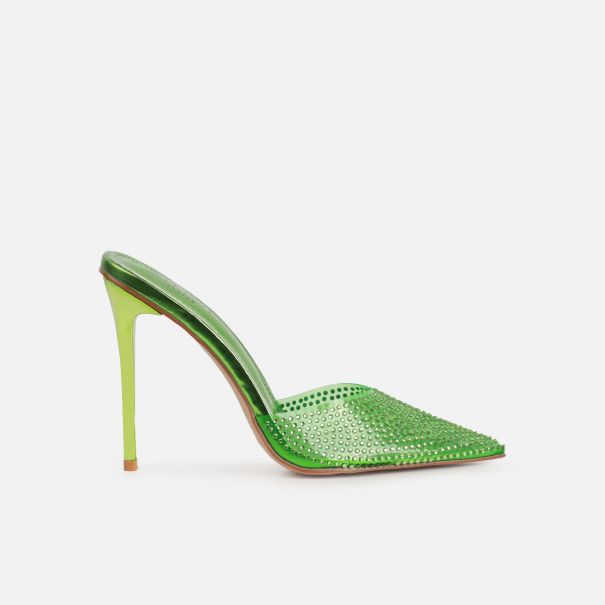 Jessyca Green Clear Diamante Pointed Stiletto Mules | SIMMI London