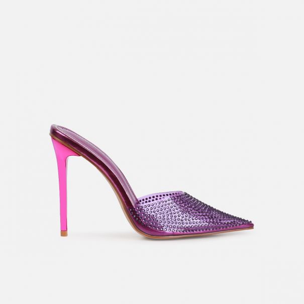 Jessyca Purple Clear Diamante Pointed Stiletto Mules | SIMMI London
