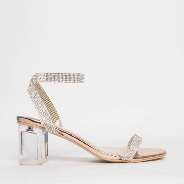 SIMMI SHOES / KELLY ROSE GOLD DIAMANTE CLEAR MID BLOCK HEELS