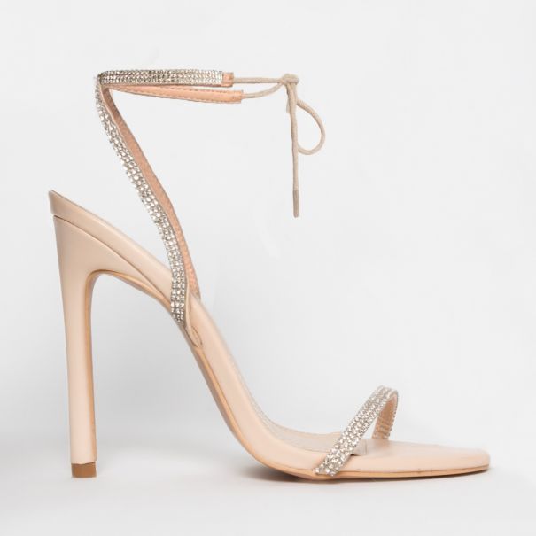 Korra Nude Patent Diamante Barely There Lace Up Heels