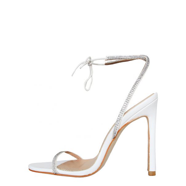 Korra White Diamante Barely There Lace Up Heels