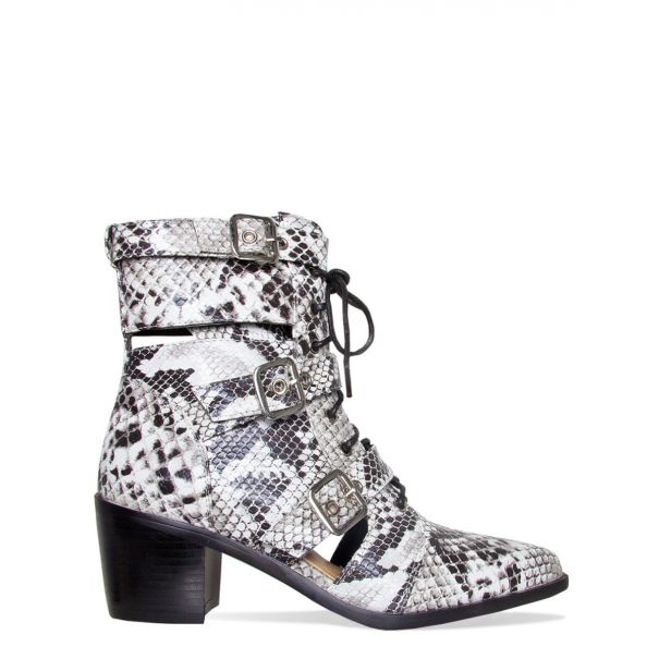 Kristie Black and White Snake Cut Out Buckle Ankle Boots