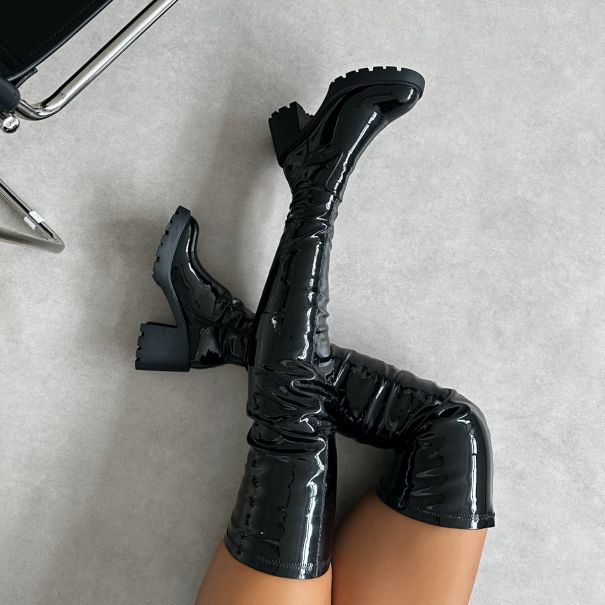 Lancelot Black Patent Mid Heeled Stretch Over The Knee Thigh High Boots | SIMMI London