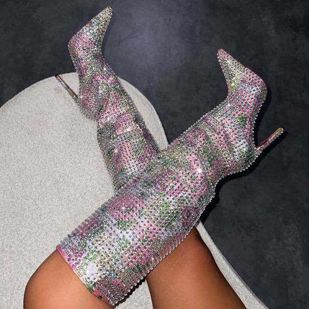 Seb Pink Floral Pattern Diamante Knee Boots ｜SIMMI London
